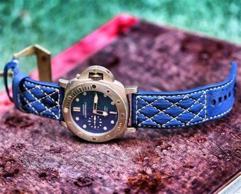 FS: Blue Ostrich Strap + Patina Diamond Stitching for Panerai 